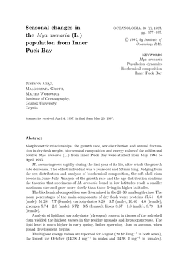 Seasonal Changes in the Mya Arenaria (L.) Population from Inner Puck Bay 179