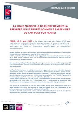 La Ligue Nationale De Rugby Devient La Premiere Ligue Professionnelle Partenaire De Fair Play for Planet