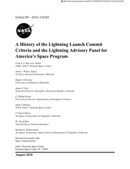 A History of the Lightning Launch Commit Criteria and the Lightning Advisory Panel for America’S Space Program