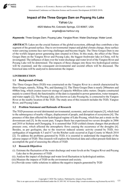 Impact of the Three Gorges Dam on Poyang Hu Lake Yahao Liu 4825 Mallow Rd, Colorado Springs, CO 80907, USA Angela@Cas-Harbour.Org