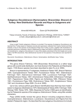 Hymenoptera: Braconidae: Bracon) of Turkey: New Distribution Records and Keys to Subgenera and Species