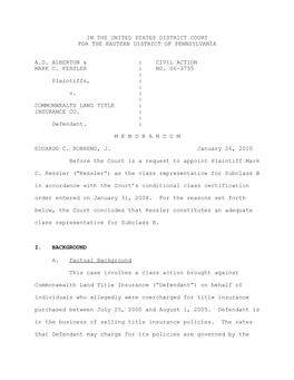 In the United States District Court for the Eastern District of Pennsylvania A.D. Alberton & : Civil Action Mark C. Kessler