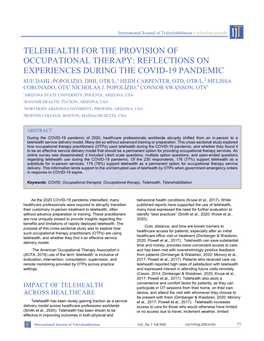 Telehealth for the Provision of Occupational Therapy: Reflections on Experiences During the Covid-19 Pandemic