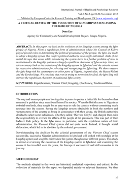 A CRITICAL REVIEW of the EVOLUTION of KINGSHIP SYSTEM AMONG the IGBO of NIGERIA Dons Eze Agency for Community and Social Development Project, Enugu, Nigeria