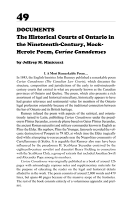 DOCUMENTS the Historical Courts of Ontario in the Nineteenth-Century, Mock- Heroic Poem, Curiae Canadenses