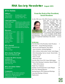 RNA Society Newsletter August 2015