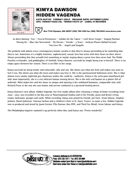Kimya Dawson Hidden Vagenda Cat#: Klp165 Format: Cd/Lp Release Date: October 5,2004 Upc: 789856116522 Cd; 789856116515 Lp Label: K Records