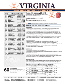 2012-13 Cavalier Men's Basketball Game Notes 2012