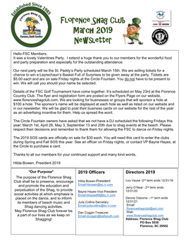 Florence Shag Club March 2019 Newsletter