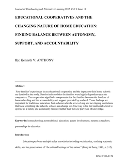 Finding Balance Between Autonomy, Support, and Accountability As Home Schooling Has Grown Various Innovations Have Emerged in Home School Family Practices