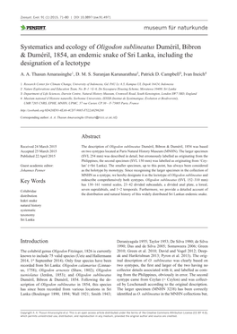 Oligodon Sublineatus Duméril, Bibron & Duméril, 1854, an Endemic Snake of Sri Lanka, Including the Designation of a Lectotype