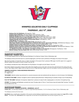 Winnipeg Goldeyes Daily Clippings Thursday, July 9