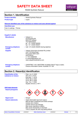 SAFETY DATA SHEET RS300 Synthetic Reducer