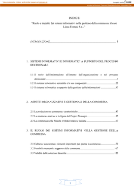 INDICE “Ruolo E Impatto Dei Sistemi Informativi Nella Gestione Della Commessa: Il Caso Linea Fontani S.R.L.”