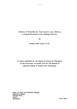 Patterns of Parasitism by Trybliographa Rapae (Westw.), a Cynipid Parasitoid of the Cabbage Root Fly. by Thomas Hefin Jones