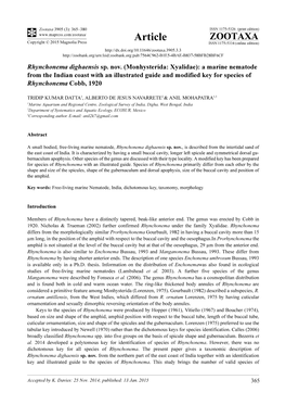 Monhysterida: Xyalidae): a Marine Nematode from the Indian Coast with an Illustrated Guide and Modified Key for Species of Rhynchonema Cobb, 1920