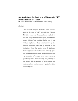 An Analysis of the Portrayal of Women in PTV Drama Serials 1971-1990 Dr