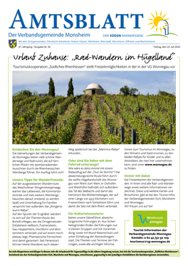 Urlaub Zuhause: „Rad-Wandern Im Hügelland“ Tourismuskooperation „Südliches Rheinhessen“ Stellt Freizeitmöglichkeiten in Der in Der VG Wonnegau Vor Bild: M