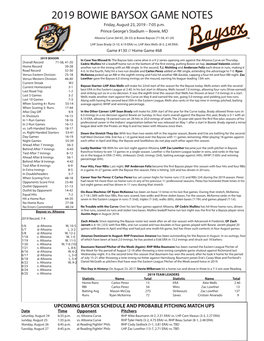 2019 BOWIE BAYSOX GAME NOTES Friday, August 23, 2019 - 7:05 P.M