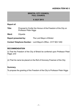 Agenda Item No 3 Bristol City Council Full Council 9 July
