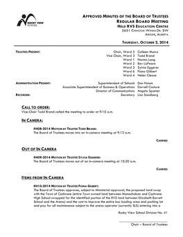 Approved Minutes of the Board of Trustees Regular Board Meeting Held Rvs Education Centre 2651 Chinook Winds Dr