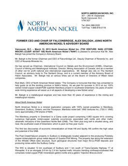 Former Ceo and Chair of Falconbridge, Alex Balogh, Joins North American Nickel’S Advisory Board