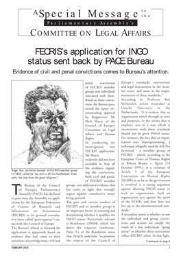 FECRIS’S Application for INGO Status Sent Back by PACE Bureau Evidence of Civil and Penal Convictions Comes to Bureau’S Attention