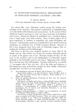 AN ANNOTATED ENTOMOLOGICAL BIBLIOGRAPHY of ROMUALDO FERREIRA D'almeida (1891-1969) for Almost Fifty Years D'almeida Ranked Among