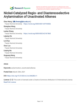 Nickel-Catalyzed Regio- and Diastereoselective Arylamination of Unactivated Alkenes