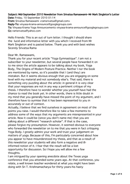 Mid-September 2010 Newsletter from Srivatsa Ramaswami--Mr Mark Singleton's Letter