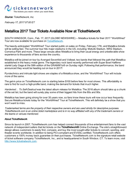 Metallica 2017 Tour Tickets Available Now at Ticketnetwork
