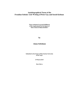 Autobiographical Turns of the Freudian Scholar: Life Writing of Peter Gay and Sarah Kofman by Alana Sobelman