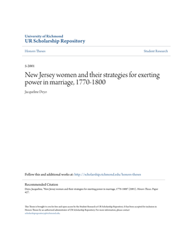 New Jersey Women and Their Strategies for Exerting Power in Marriage, 1770-1800 Jacqueline Deyo