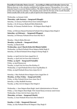 Namdhari Calendar Dates (2016) – According to Bikrami Calendar (2072/73) Bikram Samwat Is the Calendar Established by Indian Emperor Vikramaditya