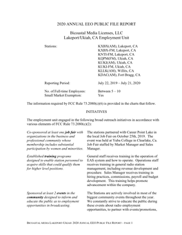 2020 ANNUAL EEO PUBLIC FILE REPORT Bicoastal Media Licenses, LLC Lakeport/Ukiah, CA Employment Unit