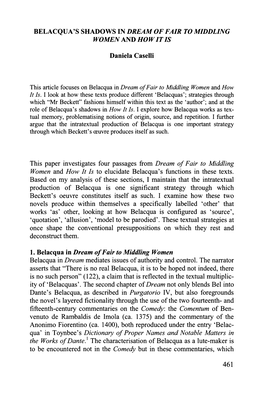 This Paper Investigates Four Passages from Dream of Fair to Middling Women and How It Is to Elucidate Belacqua's Functions in These Texts