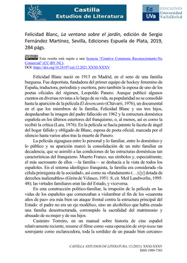 Felicidad Blanc, La Ventana Sobre El Jardín, Edición De Sergio Fernández Martínez, Sevilla, Ediciones Espuela De Plata, 2019, 284 Págs