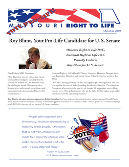 Roy Blunt, Your Pro-Life Candidate for U. S. Senate