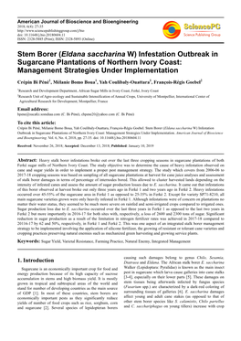 Stem Borer (Eldana Saccharina W) Infestation Outbreak in Sugarcane Plantations of Northern Ivory Coast: Management Strategies Under Implementation