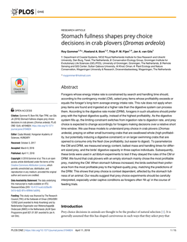 Stomach Fullness Shapes Prey Choice Decisions in Crab Plovers (Dromas Ardeola)