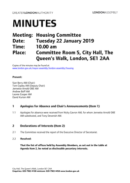 Minutes Document for Housing Committee, 22/01/2019 10:00