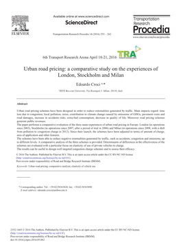 Urban Road Pricing: a Comparative Study on the Experiences of London, Stockholm and Milan