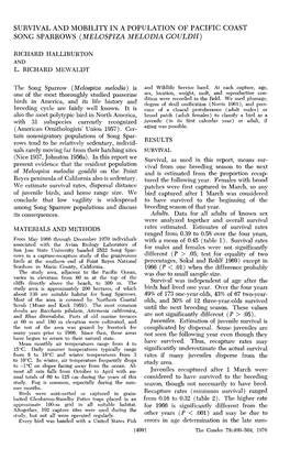 Survival and Mobility in a Population of Pacific Coast Song Sparrows (Melospiza Melodia Gouldii)