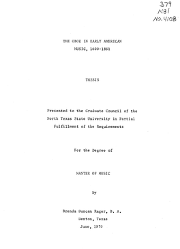 The Oboe in Early American Music, 1600-1861 Thies I S