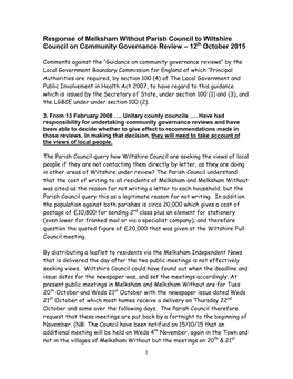 Response of Melksham Without Parish Council to Wiltshire Council on Community Governance Review – 12Th October 2015