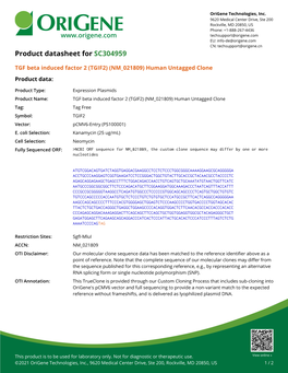 TGF Beta Induced Factor 2 (TGIF2) (NM 021809) Human Untagged Clone Product Data