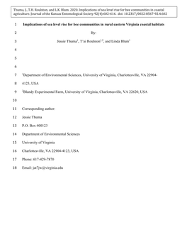 Implications of Sea Level Rise for Bee Communities in Rural Eastern Virginia Coastal Habitats