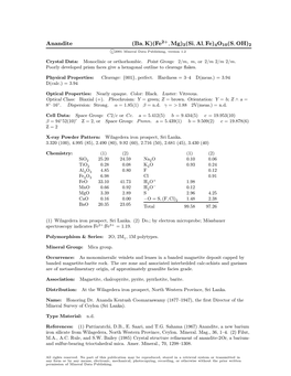 Anandite (Ba; K)(Fe ; Mg)3(Si; Al; Fe)4O10(S; OH)2 C 2001 Mineral Data Publishing, Version 1.2 ° Crystal Data: Monoclinic Or Orthorhombic