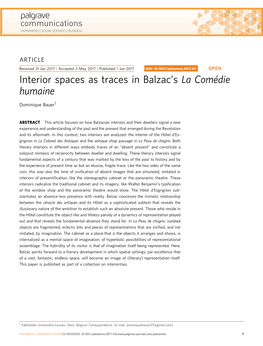 Interior Spaces As Traces in Balzac's La Comédie Humaine