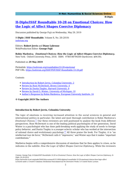 H-Diplo/ISSF Roundtable 10-28 on Emotional Choices: How the Logic of Affect Shapes Coercive Diplomacy